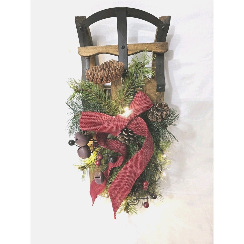 Light-Up‎ Rustic Pine Sled Wall Decor w/Bells & Pinecones Rustic Red Ribbon Bow